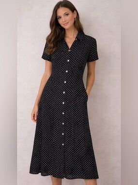 Talbots Black Polka Dot Button-Front Midi Dress